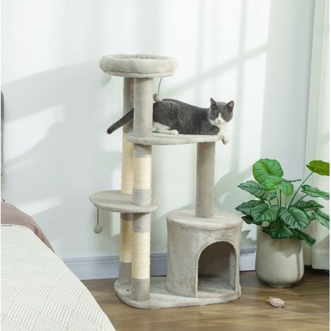 Árbol rascador para gatos 114 cm con caseta, postes de sisal y plataforma, gris claro HAVRYA (1/4)
