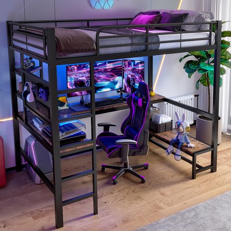 MEUBLIV Lit mezzanine 90x200 cm noir – bureau intégré, sans matelas (1/5)