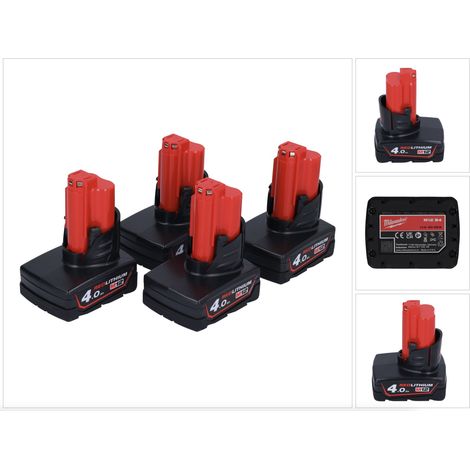 Milwaukee Akku Set 4x M12 B4 12 V 4,0 Ah / 4000 mAh Li-Ion Einschub Akku ( 4x 4932430065 )