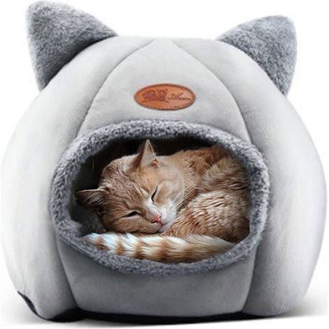 Lit-tente-grotte pour chats et chiots, sac de couchage semi-fermé et moelleux, canapé pour animaux d'intérieur (1/4)
