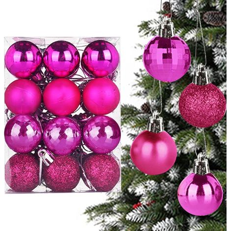 24 Boules de Noël, ø 4cm Sapins de Noël Boule Plastique, 4 Styles Décoration de Noël Boules de Noël en Plastique, Boule d'Arbre de Noël pour Noël, Mariage, Festival (Rose Rouge) (1/5)