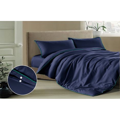 Parure de lit basique 220x200 bleu marine avec passepoil turquoise (1/5)