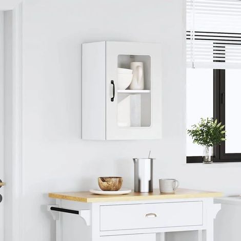 Placard mural de cuisine avec porte en verre blanc, meuble de rangement suspendu moderne pour vaisselle et épices (1/5)