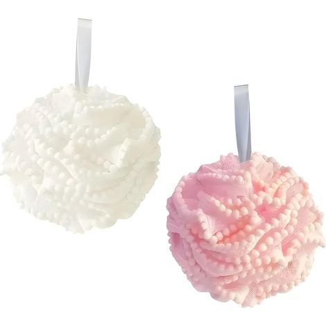 Lot de 2 éponges de douche, douces avec boules, fleur de bain avec ruban, peaux sensibles, éponge blanche et rose