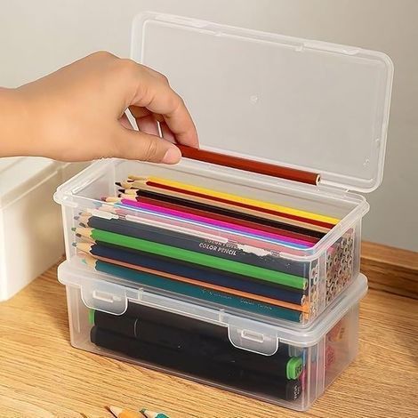 2-Piece Plastic Pen Holders, Clear Pencil Boxes for Desk Organizer (1/5)