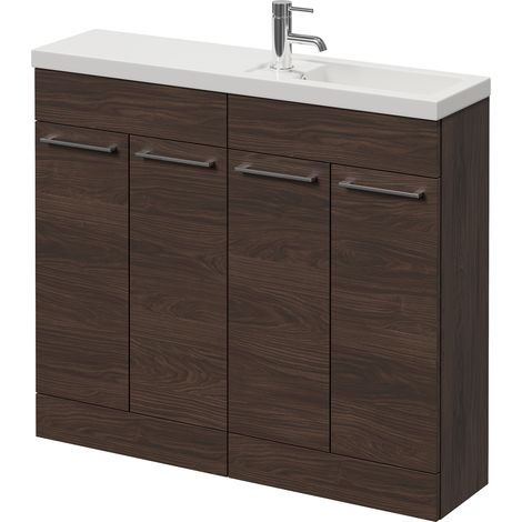 Napoli 250 Brown Oak 1000mm 4 Door Vanity Unit with Square Silvo Basin - 1000mm - Chrome 160mm Handle