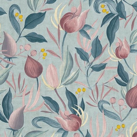 Papel pintado floral Profhome 790621 papel pintado vinílico estampado en caliente tejido non tejido ligeramente texturado con ornamentos florales mate azul púrpura blanco crema amarillo oliva 5,33 m2