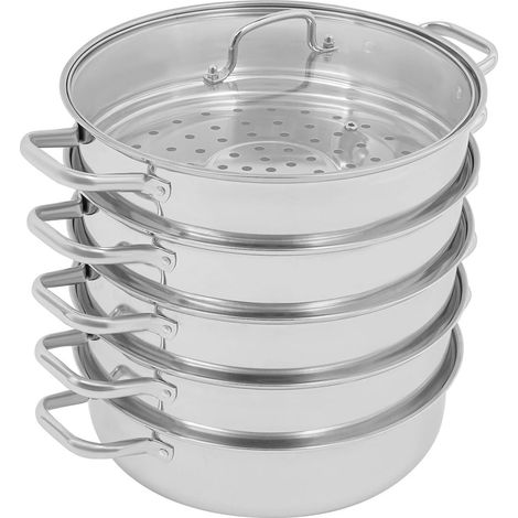 5-lagiger 32-cm-Dampfgarer aus Edelstahl mit Glasdeckel, für Zuhause, Küche, Suppen, Nudeln, Fisch, Arbeit
