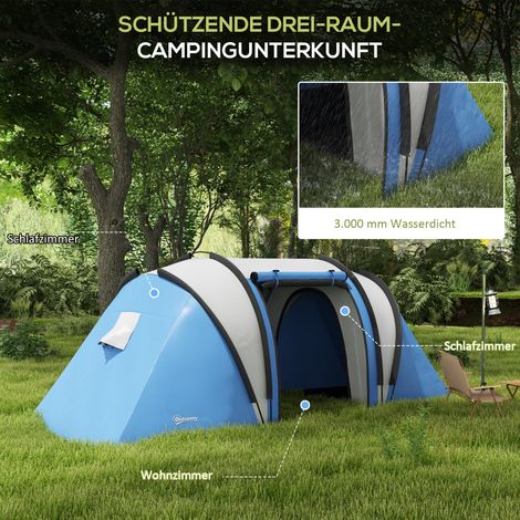 Tente familiale 4-5 places, imperméable légère, abri de camping 3 pièces avec entrée latérale et fenêtre, bleu