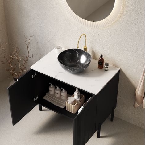 Meuble vasque 76 cm en pierre frittée noir et blanc, avec rangement pour salle de bain FloraGrace (1/5)
