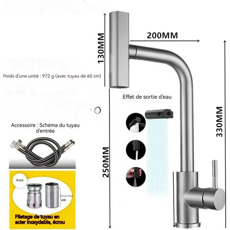 Robinet mélangeur de cuisine 4 modes de jet d’eau – rotation à 360°, double contrôle chaud‑froid, acier inoxydable