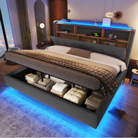 Cama tapizada 180x200 cm gris en lino y MDF con LED, almacenamiento hidráulico y puertos USB-C (1/5)