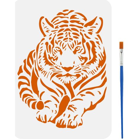 Pochoir Tigre Avec Un Pinceau Pochoir Motif Tigre 21X29.7cm Pochoir Peinture Tigre Accroupi Un Tigre Accroupi Avec Sa Queue Modèles Visibles pour Carrelage Mural Papier Meubles (1/5)