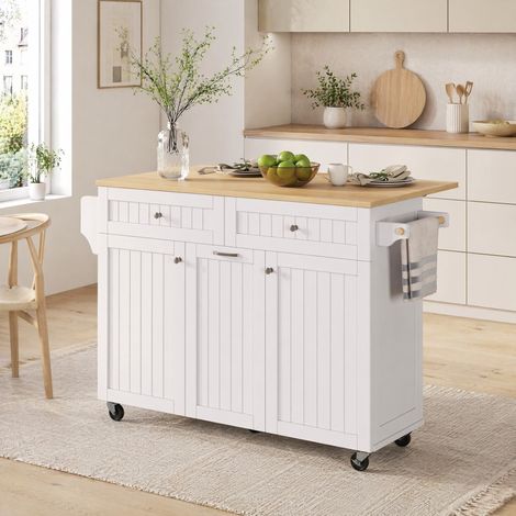 Meuble de cuisine avec roulettes, plateau rabattable 140 x 40-70 x 92 cm, blanc DESVIAE (1/5)