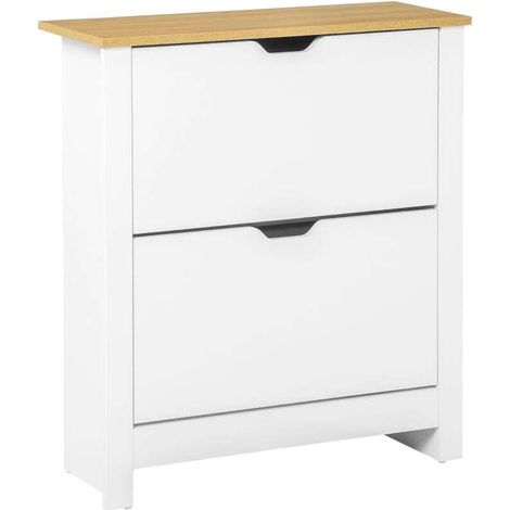 Meuble à chaussures 12 paires, armoire à chaussures étroite avec 2 tiroirs rabattables et étagères réglables, style moderne, pour couloir, entrée, 72 x 26 x 80 cm, blanc et chêne (1/4)