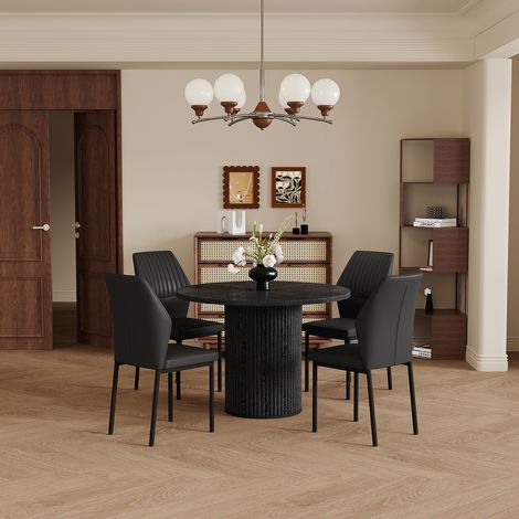 Ensemble table et chaises salle à manger 100 cm MDF noir, pieds cylindriques, fixation Velcro + 4 chaises noires PU gaufré vertical (1/4)