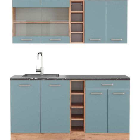 Cuisine R-Line, Bleu-gris/chêne doré, 160 cm , PT Anthracite, Vicco