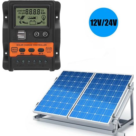 Controlador de carga solar inteligente PWM de 60 A con doble puerto USB y ajuste automático de 12 V/24 V, pantalla LCD de ABS naranja, de gran tamaño para sistemas aislados de la red. (1/5)