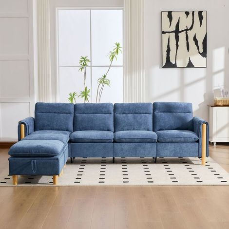 Canapé modulable en U - SOGEU - Modèle U 4 places - Chenille bleue - Poufs coffre - Pieds bois massif (1/5)