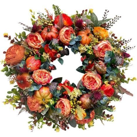 Corona de calabaza artificial, corona de flores de otoño para interiores y exteriores, corona redonda para puerta de entrada, corona de Acción de Gracias (1/5)