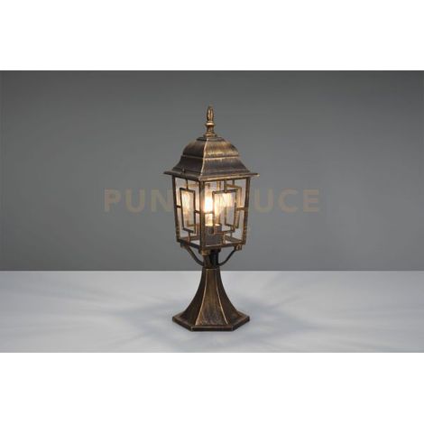 VOLTURNO PALO SEGNAVIALI DA ESTERNO 4 LATI FUSIONE DI ALLUMINIO RUGGINE CON DECORO IN FUSIONE SUL VETRO E VETRO TRASPARENTE H. 47CM IP44 1 LUCE ATTACCO E27