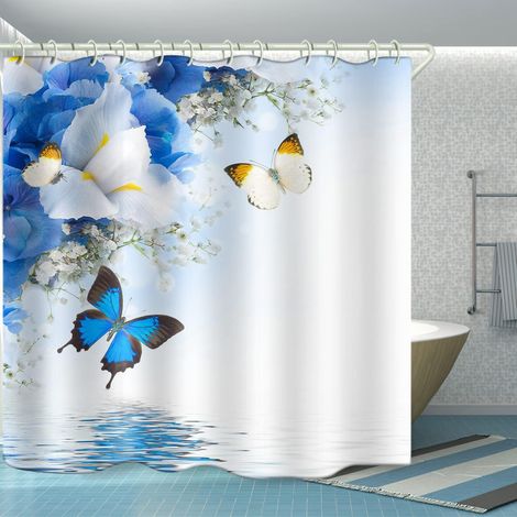 Filiyano-Ensemble rideau de douche imperméable pour salle de bain, motif papillons bleus, large rideau de douche en tissu pour baignoire, en polyester (1/3)