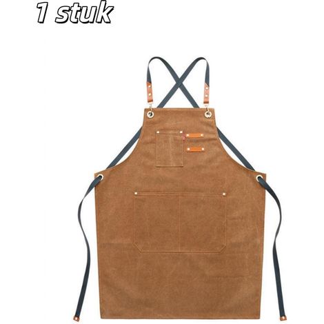 Tablier de chef unisexe en toile de coton avec bretelles croisées et poches réglables pour cuisine et pâtisserie couleur marron 1 pièce (1/5)