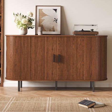 Buffet Bois Bas 140 cm Effet Noyer - Meuble de Rangement avec 2 Portes Coulissantes Cannelées et Pieds Métal - meuble de salon, pour Salon (1/5)