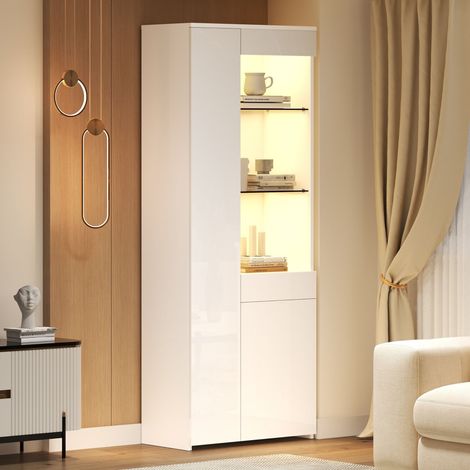 Vitrine avec 2 Portes, 1 Tiroir et 3 Niches semi-ouvertes, LED, Façade Brillante, pour Salon, en Panneaux, 70 × 35 × 180 cm, Blanc (1/5)