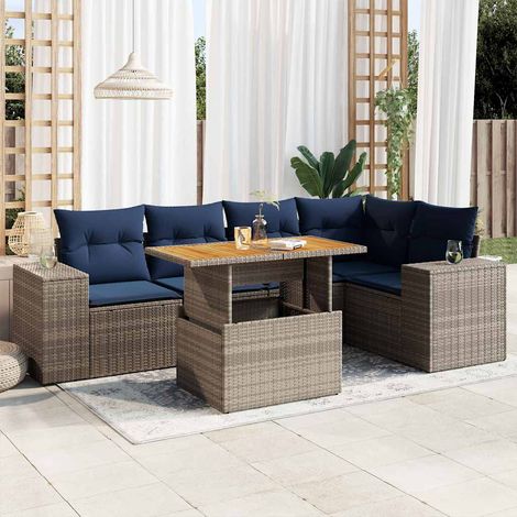 Salon de jardin 6 pièces en résine tressée grise, coussins bleu marine, table réglable, 62.6kg - PANGIVO (1/5)