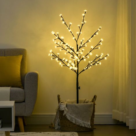 Albero di ciliegio in fiore HOMCOM con 120 luci LED IP44 Bianco caldo Decorazione per interni 17x17x120 cm Nero (1/5)