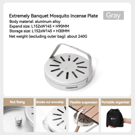 (Gris) Porte-spirale anti-moustiques Banquet, porte-encens suspendu, plateau en alliage d'aluminium à oxyde dur, boîte de rangement pour camping et activités de plein air (1/4)