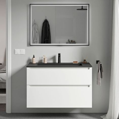 Unterschrank Bernstein VIREO 100 cm mit Mineralguss Waschbecken BRUXELLES - Korpus Weiß matt, Waschbecken Schwarz matt mit Hahnloch