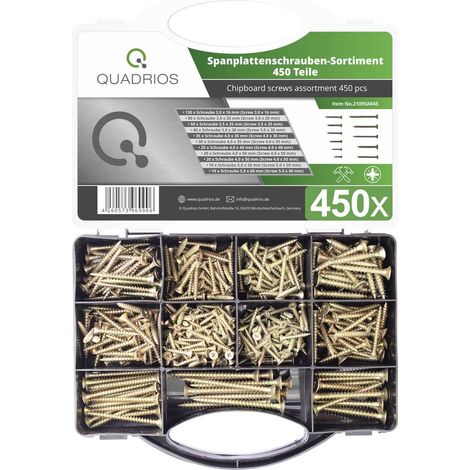 Assortiment de vis pour panneaux aggloméré 450 pièces – 2109SA045 – 130 vis 3,0 x 16 mm à 10 vis 5,0 x 60 mm – Mallette de rangement robuste – Quadrios (1/6)
