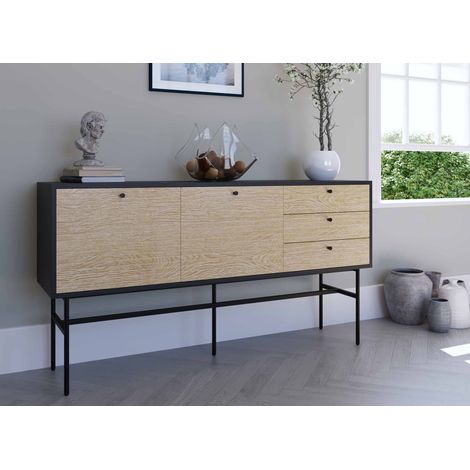 Deco In Paris – Buffet enfilade 3 tiroirs 2 portes – Bois chêne et métal noir – Dimensions 160x40x85 cm – Style industriel rétro-chic (1/5)