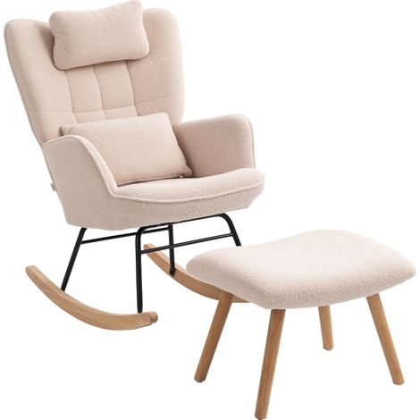 Sillón mecedora con reposapiés, tejido suave beige, respaldo alto, patas de madera, cojín (1/5)