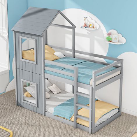 Kinder-Etagenbett 90x200 cm aus Kiefer/MDF, grau, mit Leiter, ohne Matratze – MEUBLIV (1/5)