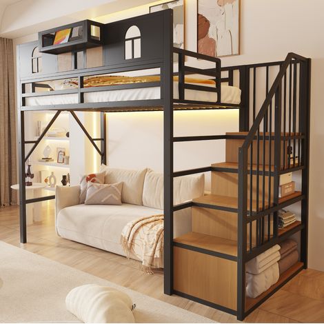Letto a soppalco per bambini 90x200 cm, con scala contenitore e luce LED, in metallo e MDF, nero, senza materasso (1/5)