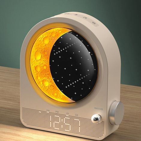 Réveil lumineux LED en forme de lune, lampe de chevet, réglage de la luminosité sur 3 niveaux, veilleuse, 10 effets sonores naturels. (1/5)