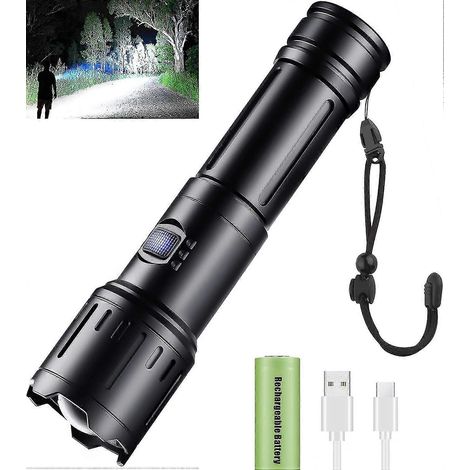 Lampe torche LED ultra-lumineuse, rechargeable avec zoom, puissante lampe torche tactique avec batterie 26650 pour le camping et une utilisation quotidienne (1/5)