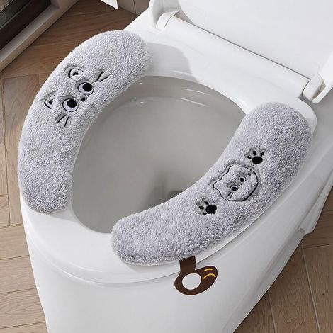 Lot de 1 paire de coussinets de siège de toilette doux avec motif chat en gris - Housses de siège de toilette confortables et chauffantes avec extracteur, pour plus d'hygiène et d'ambiance dans la sal (1/5)