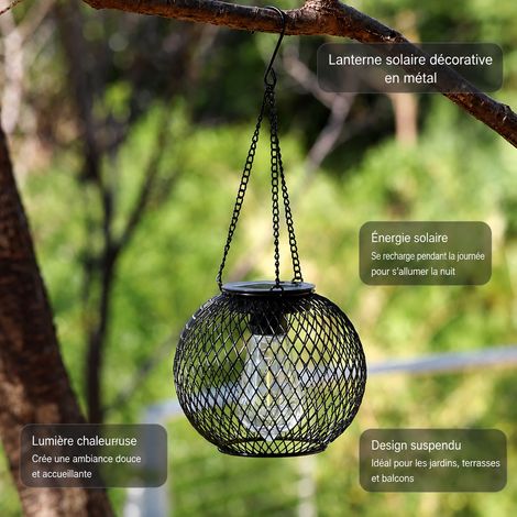 Lanterne Solaire Suspendue Métal Maille Noire IP65 Déco Jardin Terrasse 16,5 × 16,5 × 15 cm 260 g – Livraison gratuite