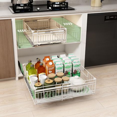 Set of 2 Extendable Kitchen Drawer Sliding Kitchen Cupboard Organiser Extendable Kitchen Cabinet Organizer Stick on or Screw, Adjustable Width 33-51cm, Depth 15mm, White (1/5)