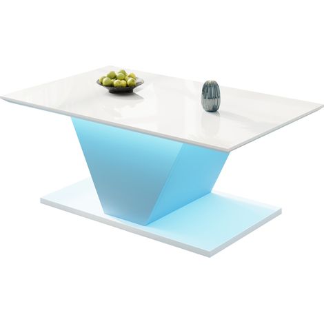 Mesa de Centro Forma de V con Tablero de Alto Brillo y LED, sin Cajones, para Salon, 100×50×46 cm, Blanca (1/5)