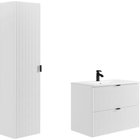 Vente-Unique – Meuble sous vasque suspendu 80 cm – MDF blanc mat rainuré – 2 tiroirs soft close – Vasque à encastrer céramique poli (1/5)