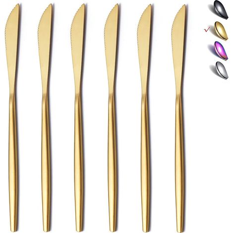 6 pièces Couteau de table en acier inoxydable, couteau à beurre robuste, lave-vaisselle en toute sécurité (Gold Mat-8,9 pouces) (1/5)