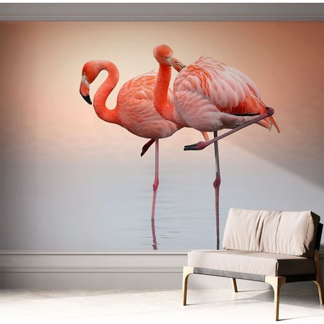 Papier peint adhésif décoratif pour salon chambre et cuisine Facile à poser avec colle Flamants roses délicats 312x219 cm (1/5)