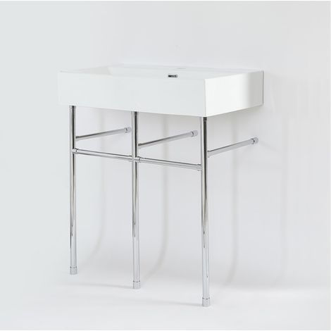 Milano Elswick White Ceramic Bathroom Basin Sink with One Tap Hole and Chrome Washstand - 750mm x 420mm