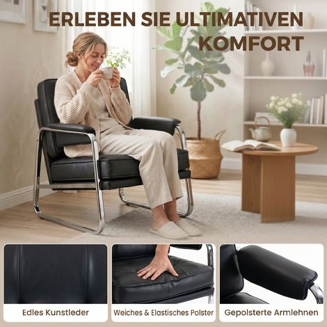 Fauteuil lounge large assise, accoudoirs, pieds acier, similicuir pour salon, chambre, noir (1/5)