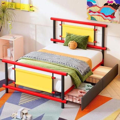 Lit enfant - KOMHTOM - 90x200 cm - Métal robuste - 2 tiroirs gain de place - Sommier à lattes (1/5)